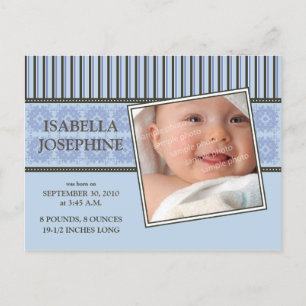 Damask & Stripes Periwinkle Birth Announcement Postcard