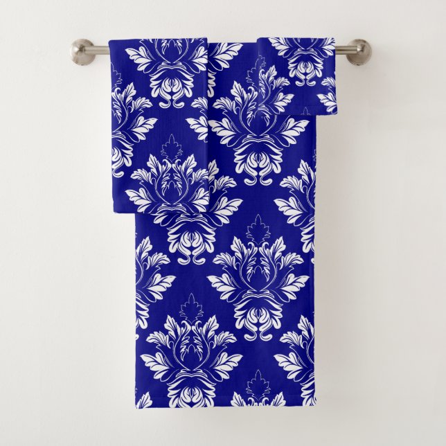Damask style Navy and White Bath Towel Set (Insitu)