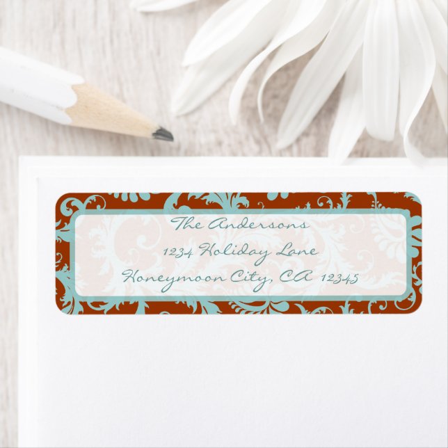 Damask Swirl Aqua Blue & Brown Address Label (Insitu)