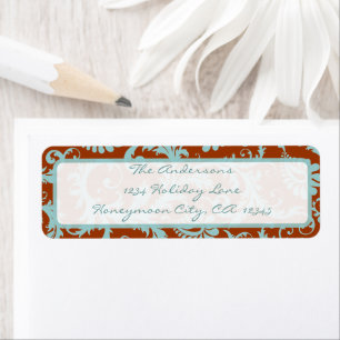 Damask Swirl Aqua Blue & Brown Étiquette de adress