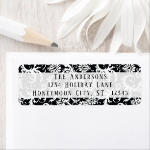 Damask Swirl Étiquette de adresse noir et blanc
