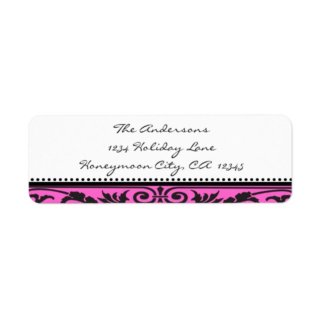Damask Swirl Noir et rose vif Étiquettes de adress (Devant)