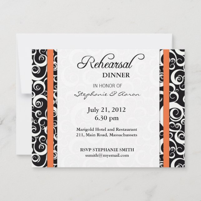Damask Swirl Rehearsal Dinner Card in Orange (Front)