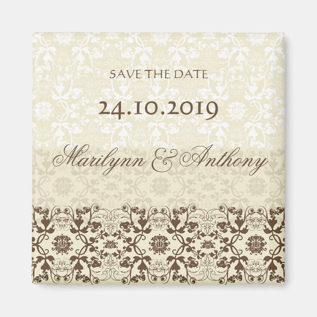 Damask Swirls Lace Coffee Save The Date Magnet (Front)
