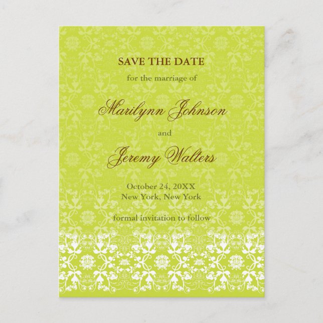 Damask Swirls Lace Lime Save The Date Postcard (Front)