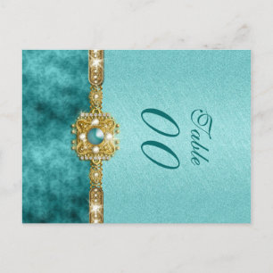 Damask "table number" wedding teal gold postcard