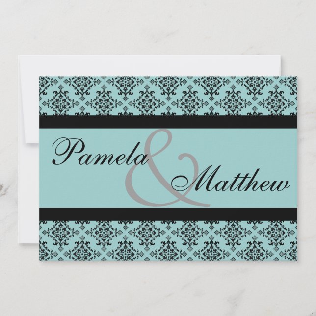 Damask Teal And Black Formal Wedding Invitation (Front)