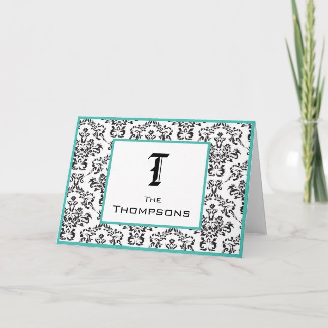 Damask Teal and Black Personalized Notecard (Front)