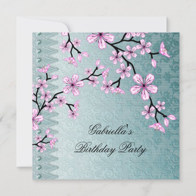 Damask Teal Blue Pink Blossom Asian Floral Party Invitation (Front)