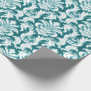 Damask Teal Blue Turquoise Ocean White Velvet Wrapping Paper