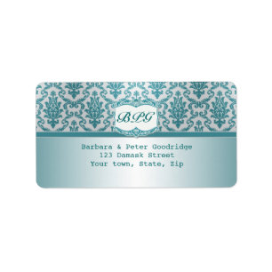 Damask teal monogram Return Address Label
