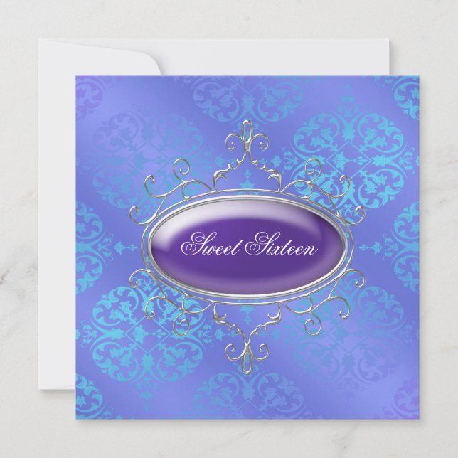 Damask Teal Purple Sweet 16 Birthday Party Invitation (Front)