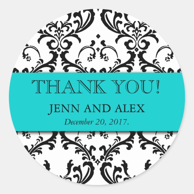 Damask Thank You Wedding Stickers Favours Aqua (Front)