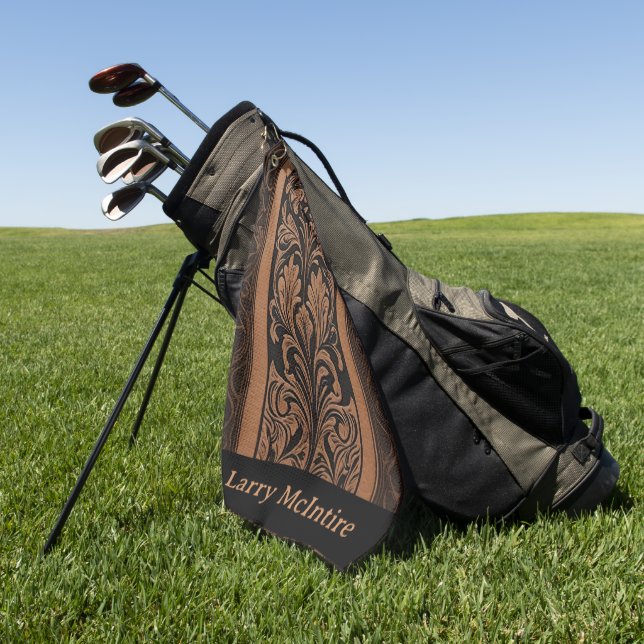 Damask Tooled Leather Floral Pattern Custom Golf Towel (Green)