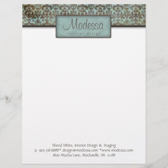 Damask Turquoise Blue Brown Interior Design Letterhead (Front)