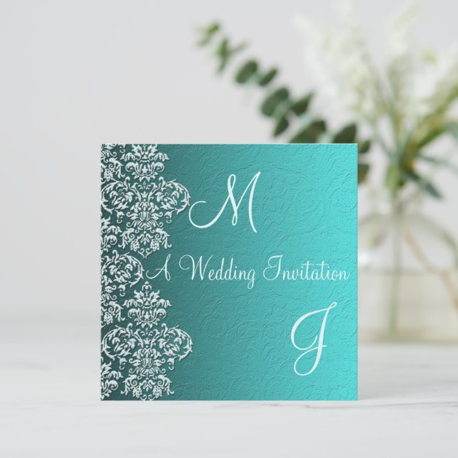 Damask Turquoise Faire-part de mariage (Debout devant)
