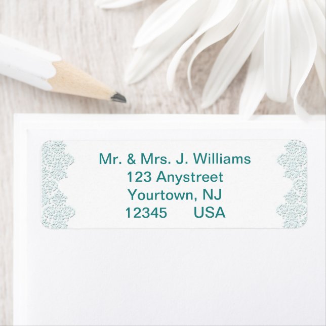 Damask Turquoise Mariage Adresse de retour (En situation)