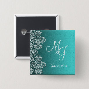 Damask Turquoise Wedding Button