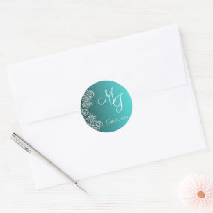 Damask Turquoise Wedding Round Stickers