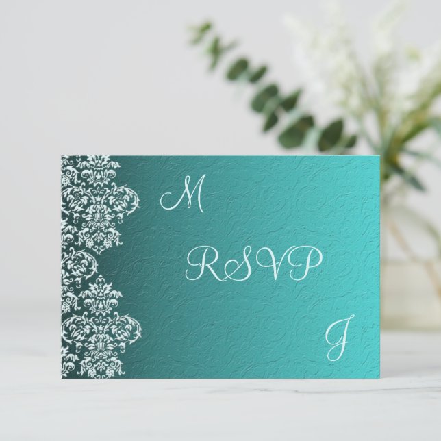 Damask Turquoise Wedding RSVP Card (Standing Front)