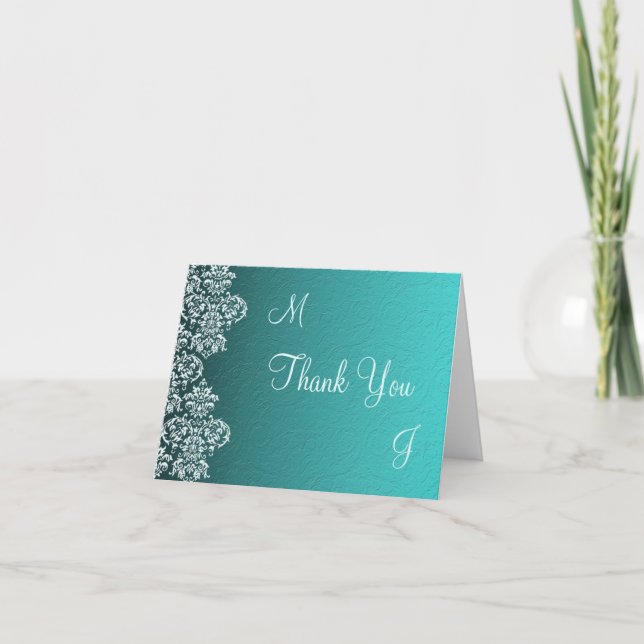 Damask Turquoise Wedding Thank You Note Card (Front)