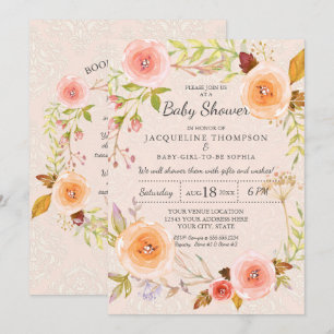 Damask Typography Blush n Gold Watercolor Floral Invitation