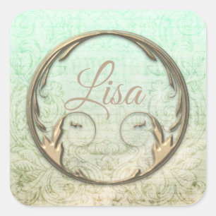 Damask victorian script gold green elegant square sticker