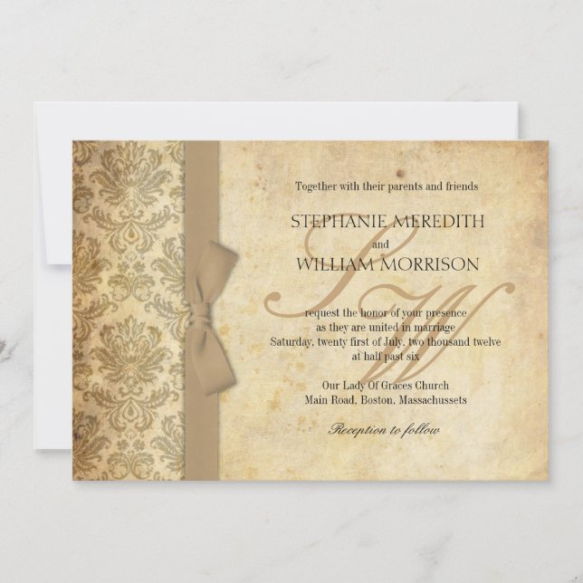 Damask Vintage Ivory Bow Wedding Invitation (Front)