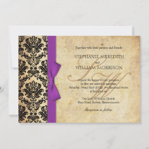 Damask Vintage Purple Bow Wedding Invitation