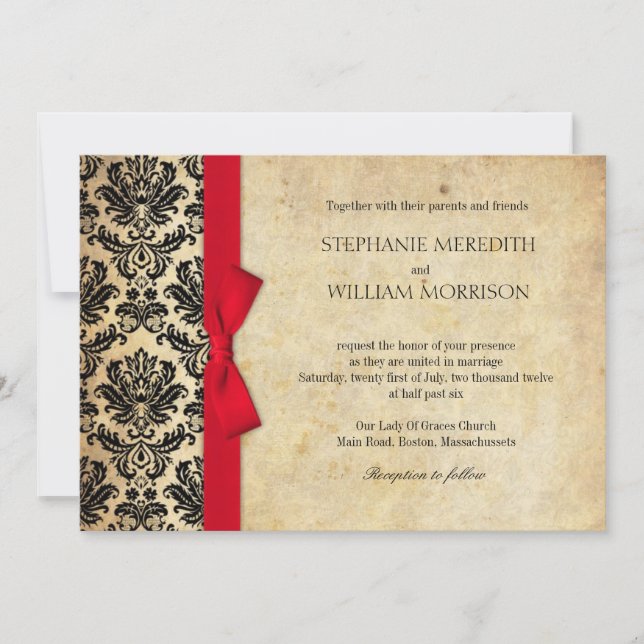 Damask Vintage Red Bow Wedding Invitation (Front)