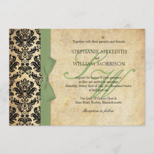 Damask Vintage Sage Bow Wedding Invitation