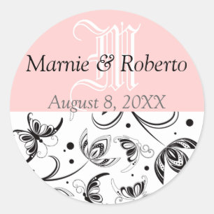 Damask Wedding Bride Groom Names Date Monogram Classic Round Sticker