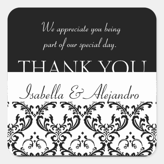 Damask Wedding Favor Thank You Label Black Square (Front)