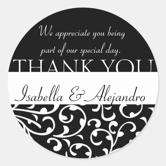 Damask Wedding Favour Stickers Thank You Message (Front)