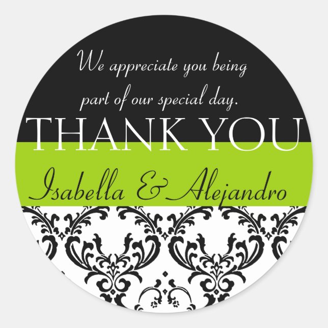 Damask Wedding Favour Thank You Label Green (Front)