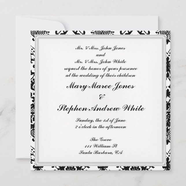 Damask Wedding Invitation Black and White (Front)