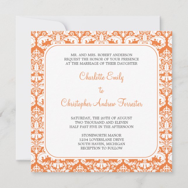 Damask Wedding Invitation Coral Rose (Front)