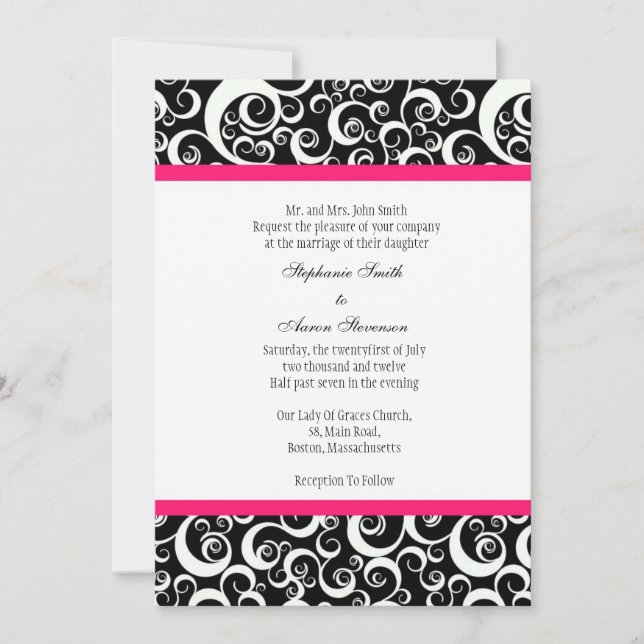 Damask Wedding Invitation with Hot Pink (Front)