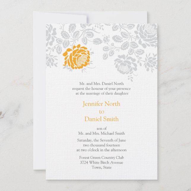 Damask Wedding Invitations Orange And Grey (Front)