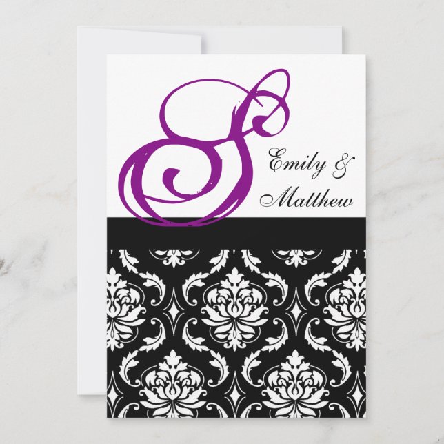 Damask Wedding Invitations Purple Monograms (Front)
