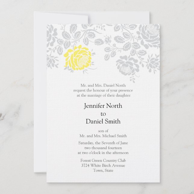 Damask Wedding Invitations Yellow And Grey (Front)