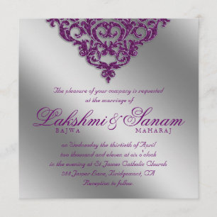 Damask Wedding Invite Sparkle Silver Purple