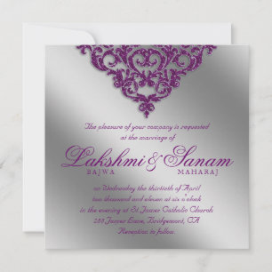 Damask Wedding Invite Sparkle Silver Purple 2