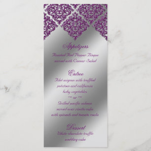 Damask Wedding Menu Cards Purple Sparkle Silver