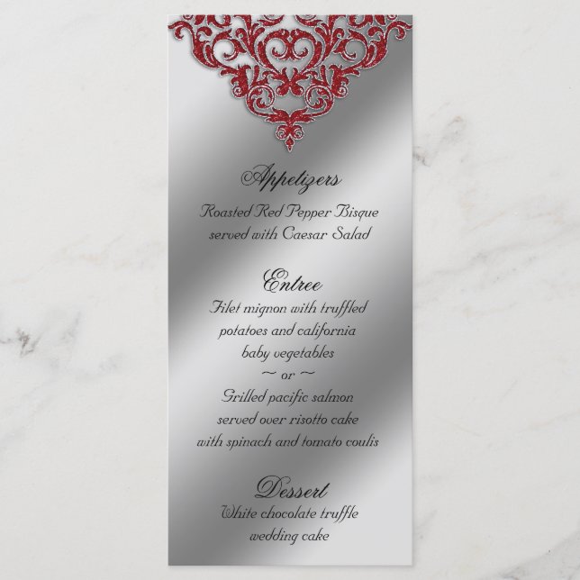 Damask Wedding Menu Cards Red Sparkle Xmas (Front)