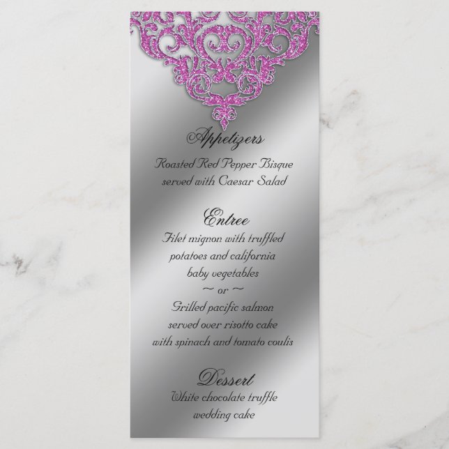 Damask Wedding Menu Cards Sparkle Pink (Front)