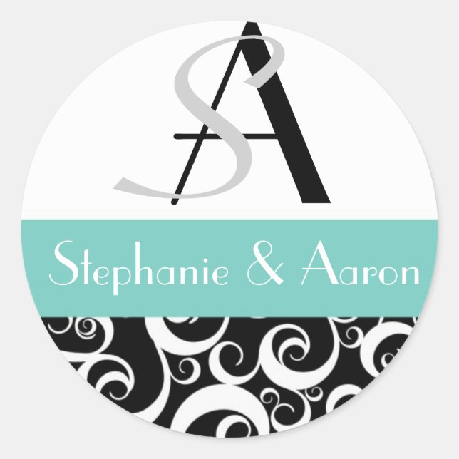Damask Wedding Monogram in Black and Aqua Classic Round Sticker (Front)