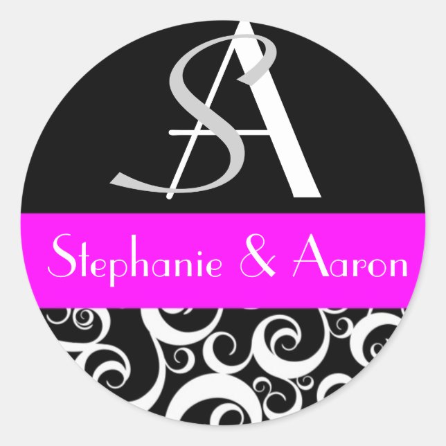 Damask Wedding Monogram in Black and Fuchsia Classic Round Sticker (Front)