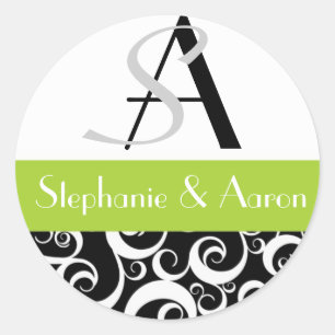 Damask Wedding Monogram in Black and Green Classic Round Sticker