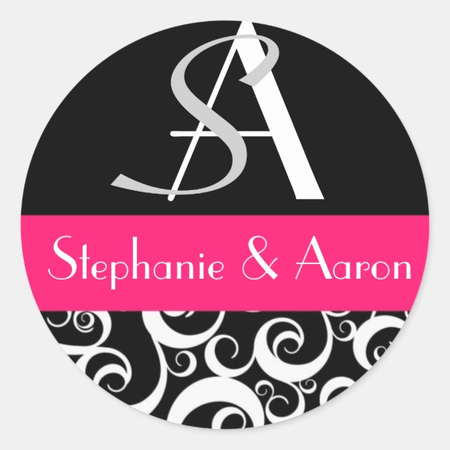 Damask Wedding Monogram in Black and Hot Pink Classic Round Sticker (Front)